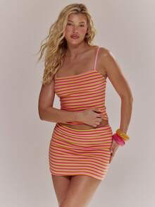MUSERA Bộ áo hai dây ôm sát kẻ sọc và chân váy ngắn, thích hợp cho mùa xuân hè, dễ thương, nữ tính, đi nghỉ mát, đi biển, mặc hàng ngày, phong cách sorbet. - Nhiều màu - Xem 1