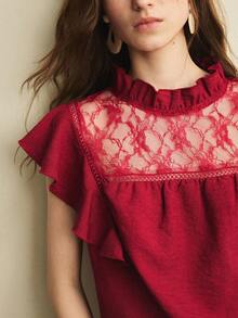 Écloséra 女士法式休闲百搭通勤蕾丝荷叶边拼接衬衫，春夏款 - 酒紅色 - 查看 2