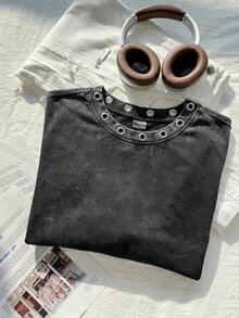 Comfortcana 加大码纯棉水洗雪花短袖T恤，春季 - 黑色 - 查看 7