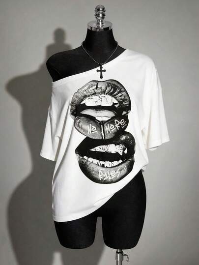 SHEIN ICON 休闲宽松不对称肩部唇印女式T恤