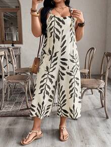 Linhara CURVE Bộ áo liền quần đi biển phong cách Bohemian cỡ lớn dành cho nữ, họa tiết cây cỏ, trang trí túi, kiểu dáng giản dị, dễ phối đồ cho cả ngày thường và kỳ nghỉ xuân hè. Lựa chọn trang phục xuân hè cho Ngày của Mẹ, trang phục mùa hè cho nữ. - Nhiều màu - Xem 5