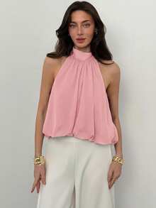 Aloruh Atasan Wanita Kasual Musim Panas Gaya Liburan, Warna Polos, Tanpa Punggung, Model Halter, Atasan Warna Pink, Atasan Musim Panas - Berwarna merah muda - View 4