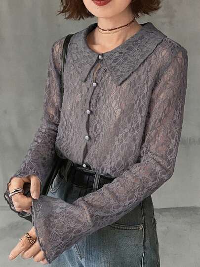 FRIFUL Women's Lace Long Sleeve Single-Breasted Fashion Top Fall