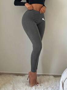 SHEIN SXY Women's Casual Sports Daily Commute Versatile Knight Embroidery Leggings - Dark Grey - View 4