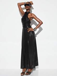 Aveloria GENKIRA Robe métallique à col ras-du-cou et dos nu avec fermeture éclair, en tissu noir brillant, design col Top et dos nu avec fermeture éclair, robe longue ajustée, polyvalente pour soirée urbaine futuriste au printemps/été - Noir - Voir 4