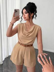 Elenzga Women's Plus Size Elegant 2 Piece Set,Sleeveless Blazer&Classy Shorts,Tie Dye,Summer,Casual,Everyday Luxury Suit,Versatile Waistcoat&Asymmetrical Top - Khaki - View 6