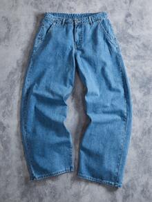 Manfinity ZONE917 男士休闲时尚街头卡通字母印花宽松阔腿牛仔裤，不含腰带 - 淺色水洗藍 - 查看 2