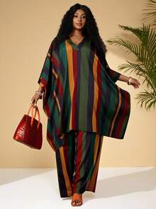 BrightlyHer Plus Size Women Loose V-Neck Patchwork Batwing Sleeve Top And Wide Leg Pants Vacation Outfit Set,Spring/Summer - Multicolor - View 4