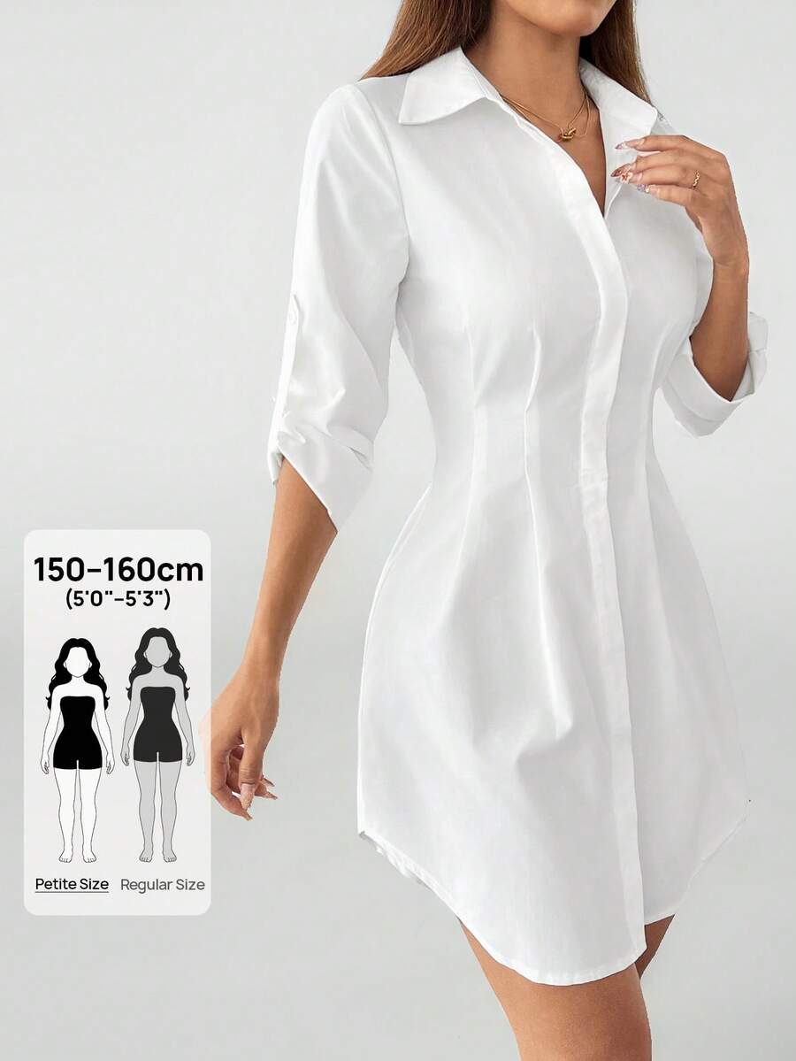 SHEIN PETITE Solid Button Front Shirt Dress,Summer Dresses For Women - White - View 1