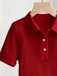SHEIN Franclia 女士休闲日常通勤简约纯色短袖Polo衫，夏季 - 紅色 - 查看 3