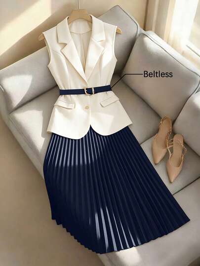 Franclia Bộ vest nữ mùa xuân/hè thanh lịch kiểu Pháp không tay cổ bẻ, thắt eo và chân váy midi xếp ly cạp cao, thích hợp công sở.