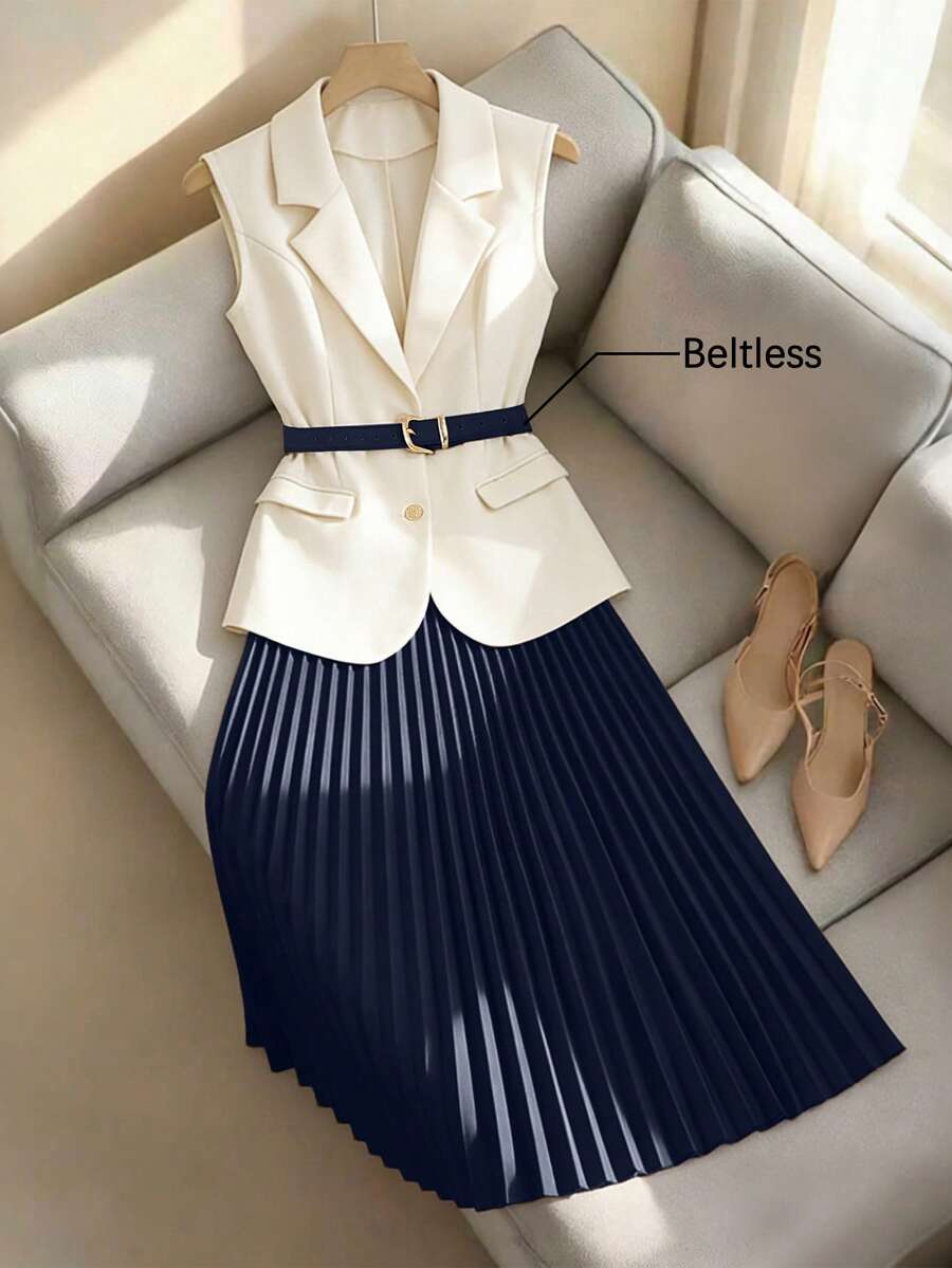 Franclia 女士春夏法式优雅翻领无袖收腰西装外套搭配高腰百褶中长裙两件套，适合职场穿着 - 藏蓝色 - 查看 1