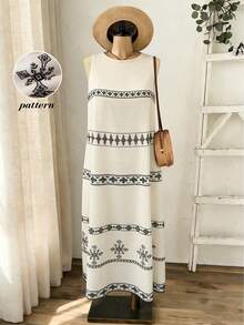 Rusticease 女士几何印花无袖连衣裙，休闲度假风 - 白色 - 查看 3