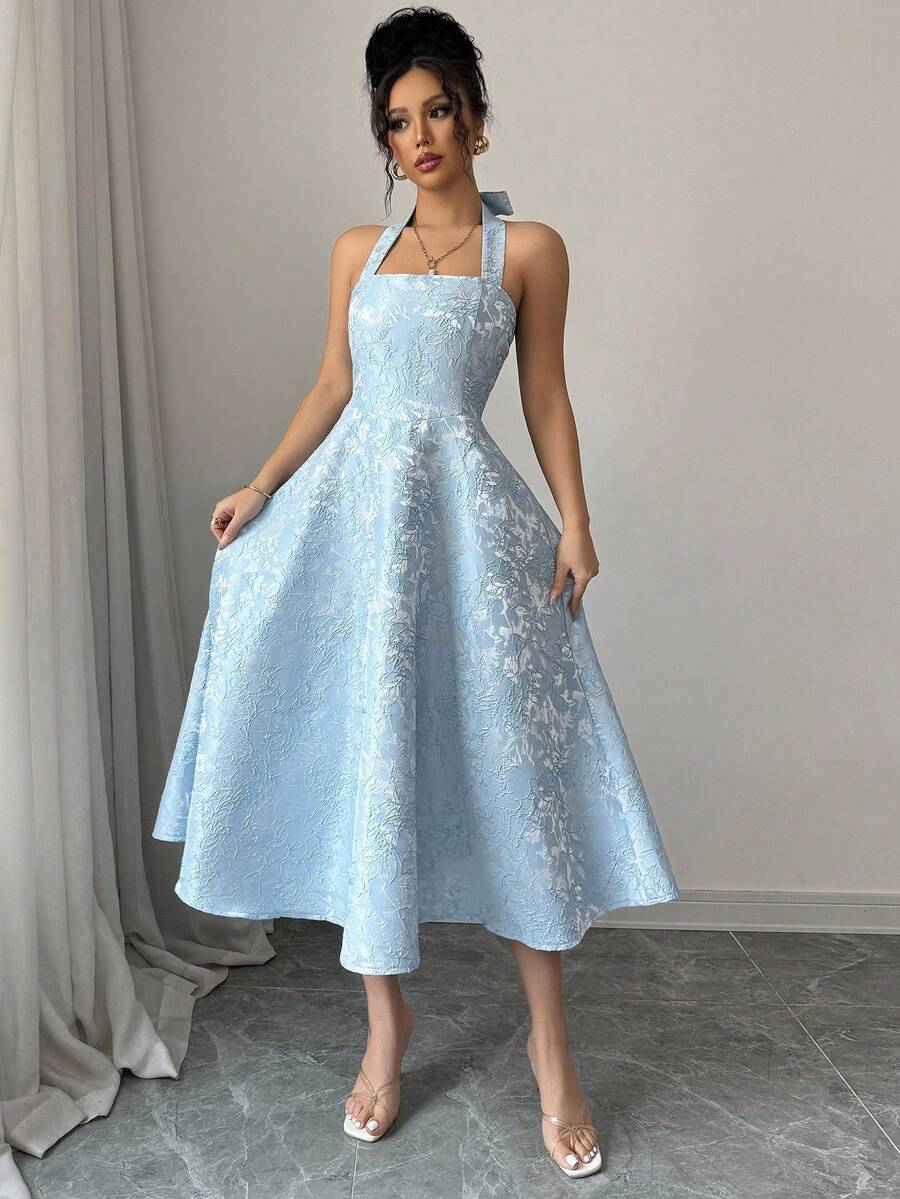Selianne Romantic Jacquard Tie Waist A-Line Dress - Baby Blue - View 1