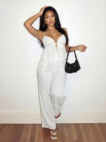 Slaydiva Summer Fashion Basics, Versatile, Casual And Elegant, Suitable For Vacations, Travel, Beaches, Seaside, Pools, Yachts, Sunbathing, Cute And Sweet, Casual And Elegant, Low-Cut Triangle Cup Ruffled Bow Camisole And Wide-Leg Trousers, White Pleated Women's Suit - A - White - View 8