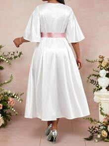 Fleurora Plus Size Women White Elegant Summer Dress,Wedding Ninang Round Neck Flare Sleeve A Line Satin Midi Dress,Formal Party Cocktail Graduation Gown - White - View 2