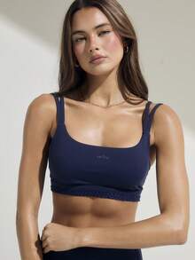 Aralina Áo croptop hai dây cổ vuông, cạp cao, viền ren, ôm sát cơ thể, bộ đồ tập thể dục mùa hè cho nữ, quần legging tập gym. - Màu xanh hải quân - Xem 5