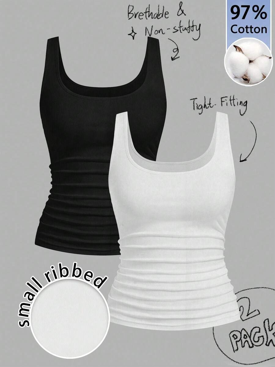 Slaydiva Spring/Summer New Casual Crew Neck Ruched Waist Fitted Cotton Tank Top 2pce Set/Versatile For Daily Wear/Fashion Influencer Style/Hot Girl Style/Sexy/Influencer's Choice/Y2k Clothes/Streetwear/Night Club/Going Outfit/Back To School/Daily Day/Date/ - Multicolor - View 1