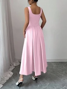 Rafferiza Women's Fashionable Sleeveless Square Neck Single-Breasted Vest And Pleated Flared Skirt 2-Piece Set, Versatile Daily Wear - Baby Pink - View 2