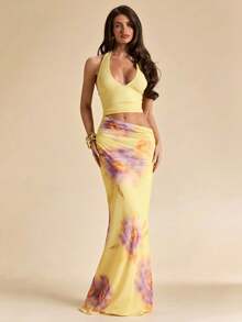 SHEIN BAE 纯黄色奶油色碎花深V领露背修身鱼尾连衣裙，优雅沙滩度假连衣裙，夏季连衣裙，黄色碎花连衣裙 - 淡黃色 - 查看 6