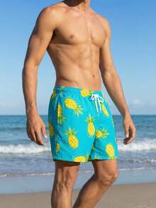 Surfspeed Men's Colorful Pineapple Print Casual Beach Shorts Pineapple Print Shorts Men Vacation Beachwear Men's Pineapple Swim Trunks - Mint Blue - View 6
