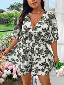 Flirla Plus Size Women Floral Print Drawstring Waist Batwing Sleeve Casual Jumpsuit - Dark Green - View 6