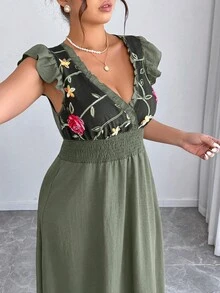 Elenzga Plus-Size Women's Sage Green Summer Elegant Long Dress,Flutter Sleeves Cross Neck Embroidered Patchwork Design,Tea Party Holiday Wedding Date Outfit - Army Green - View 5