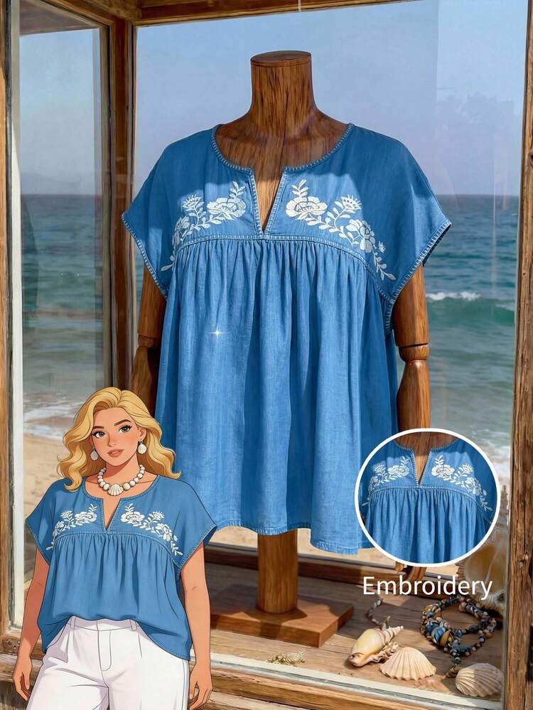 Plus Size Women's Vacation Plant Embroidery V-Neck Batwing Short Sleeve Casual Shirt Summer Tops Summer Outfits Summer Clothes  Spring  Spring Outfit Women Spring Clothes Country Style For Women Vacation Outfits Women  Seaside Retro Mannequin Window Display