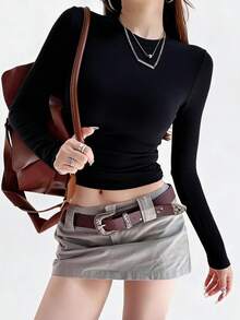 DAZY Áo thun dài tay nữ màu trơn, dáng ôm, đa năng, phong cách thường ngày. - màu đen - Xem 3