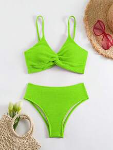 Swim Basics Women's Solid Color Twist Knot Spaghetti Strap Bikini Set - Green - View 3