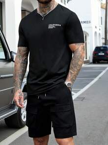 Manfinity CasualCool 男士字母印花短袖T恤和抽绳腰短裤休闲套装 - 黑色 - 查看 5