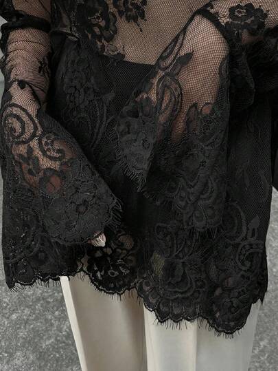 FRIFUL Women's Solid Color Layered Sheer Lace Flare Sleeve Loose Casual Versatile Spring Top