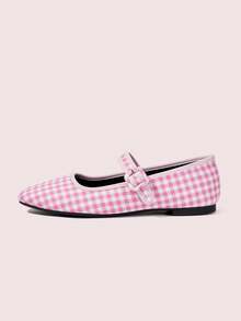 CUCCOO DOLLMOD Ladies Pink And White Plaid Splicing French Retro Square Toe Elegant Word-For-Word Bag Buckle Simple Design Mary Jane Flat Shoes Suitable For All Seasons Holiday Birthday Party Low Vamp Shoes - Pink and white plaid - View 2