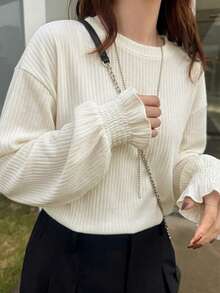 FRIFUL 女士休闲宽松落肩长袖T恤 夏季 - 米色 - 查看 2