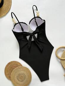 Swim Chiccia 女士连体可拆卸肩带三角高衩泳衣，钢圈支撑，褶皱设计，优雅海滩度假风，不对称珍珠装饰，休闲百搭，春夏款 - 黑色 - 查看 5
