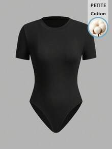 SHEIN PETITE 小码女士91%纯棉舒适连体衣，款式百搭，适合春夏穿着 - 黑色 - 查看 2