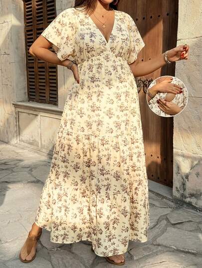 SHEIN Vestido de maternidad con cuello en V y estampado total con función de lactancia, para uso casual diario y vacaciones