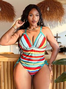 Slaydiva Große Größen Damen Sommer Strand gestreifter sexy Träger Tankini Set - Verschiedenfarbig - Übersicht 3
