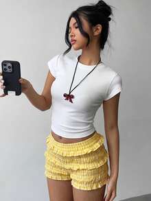 Aloruh Shorts de volantes con estampado de cuadros rojos y blancos de estilo campestre lindo para vacaciones de primavera/verano de las mujeres - Amarillo - Ver 6