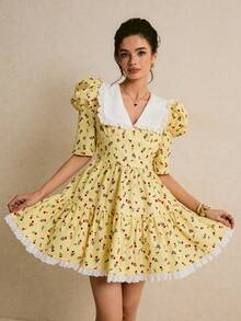 Poéselle 女士公主风印花蕾丝迷你连衣裙 - 黃色 - 查看 8