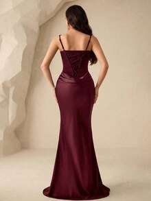 Coutiva 女士纯色方领无袖高端晚礼服，优雅奢华派对礼服 - 酒紅色 - 查看 2