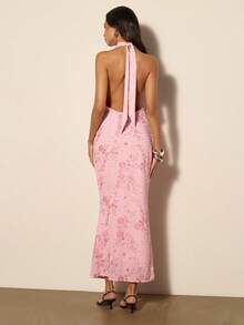 COSMINA Women's Sequin Beaded Halter Mermaid Dress, Chiffon Sequin Long Dress For Party, Wedding, Vacation, Date, Gathering, Y2K Style - Pink - View 4