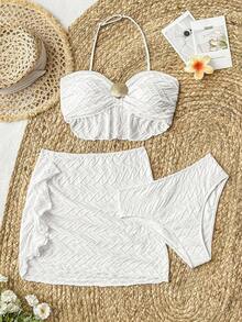 SHEIN Teen Girl 3 PiecesTextured Knit Seashell Chain Spaghetti Strap Bikini Set, Suitable For Beach, Music Festival, Vacation, Hawaii - White - View 1