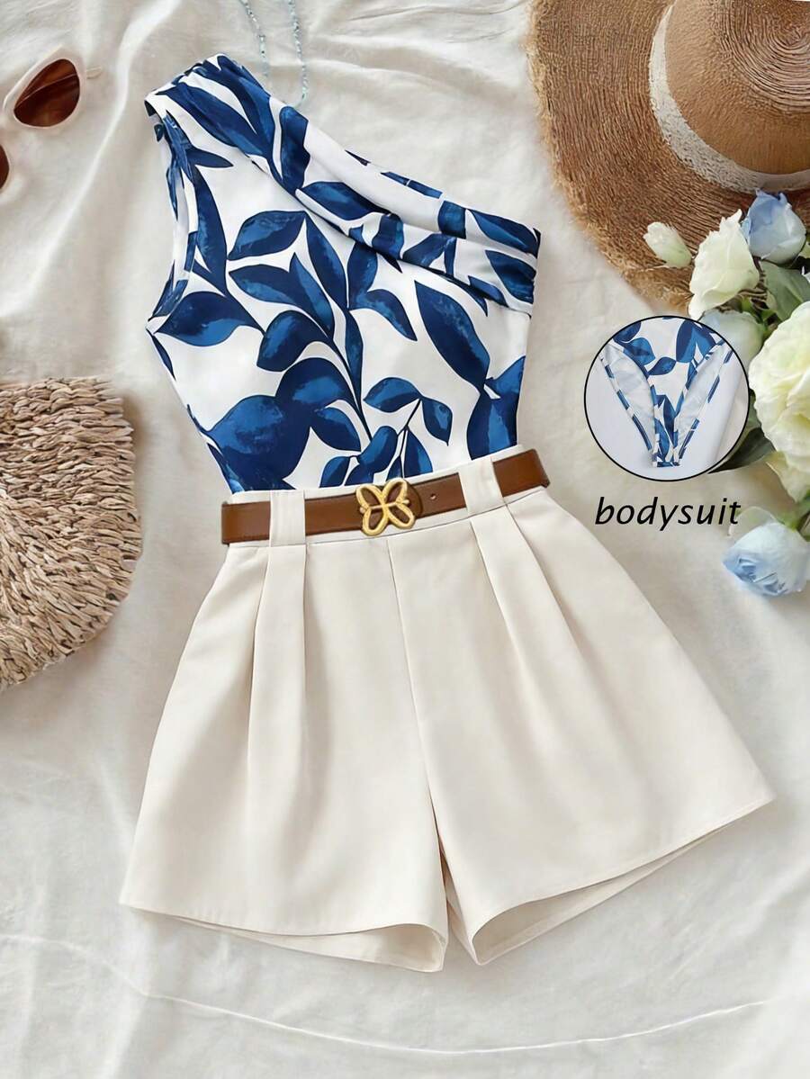 Franclia Bộ đồ nữ thời trang thường ngày đa năng in họa tiết xếp ly vai, phối cùng quần trắng và thắt lưng, set đồ công sở mùa xuân/hè, bộ 2 mảnh nữ mùa xuân/hè, thích hợp cho đi chơi, du lịch, đi làm hàng ngày. - trắng - Xem 1