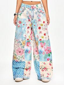 ROMWE 复古印花高腰斜插口袋阔腿牛仔裤，休闲街头风女式牛仔裤，春秋季 - 藍色 - 查看 7