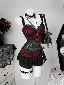 Sunspun Plus Size Lace Patchwork Red & Black Contrast Camisole - Multicolor - View 4