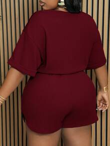 Slaydiva Slayr Plus Setelan 2 Potong Wanita Ukuran Plus Warna Polos dengan Tali Serut di Pinggang dan Belahan di Bagian Bawah, Setelan Musim Panas Jumpsuit Yoga untuk Kerja dari Rumah, Bahan Wol Dua Potong - Burgundy - View 2