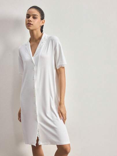 Ocili Bộ đồ ngủ nữ màu trơn tối giản, kiểu dáng thường ngày, cổ áo cài khuy vỏ sò, chất liệu mềm mại, thoải mái, gồm áo ren và quần đùi tay ngắn, váy cổ áo.