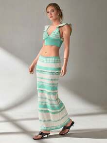 EURMUSE Women Top And Skirt Openwork Sweater Cover Up Set - Mint Green - View 5