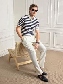 Officeau Knitted Men's Striped Polo Shirt - Fashionable & Comfortable - Knitted - Navy Blue - View 7